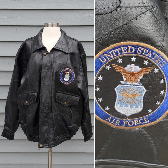 Vintage Other - Vintage 90s y2k Black Leather Patchwork Embroidered USAF Air Force Bomber Jacket